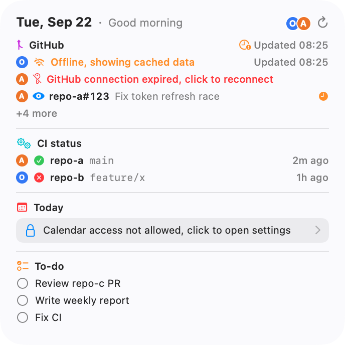 The widget with an offline account, an expired account and calendar access turned off, each labelled on its own row.