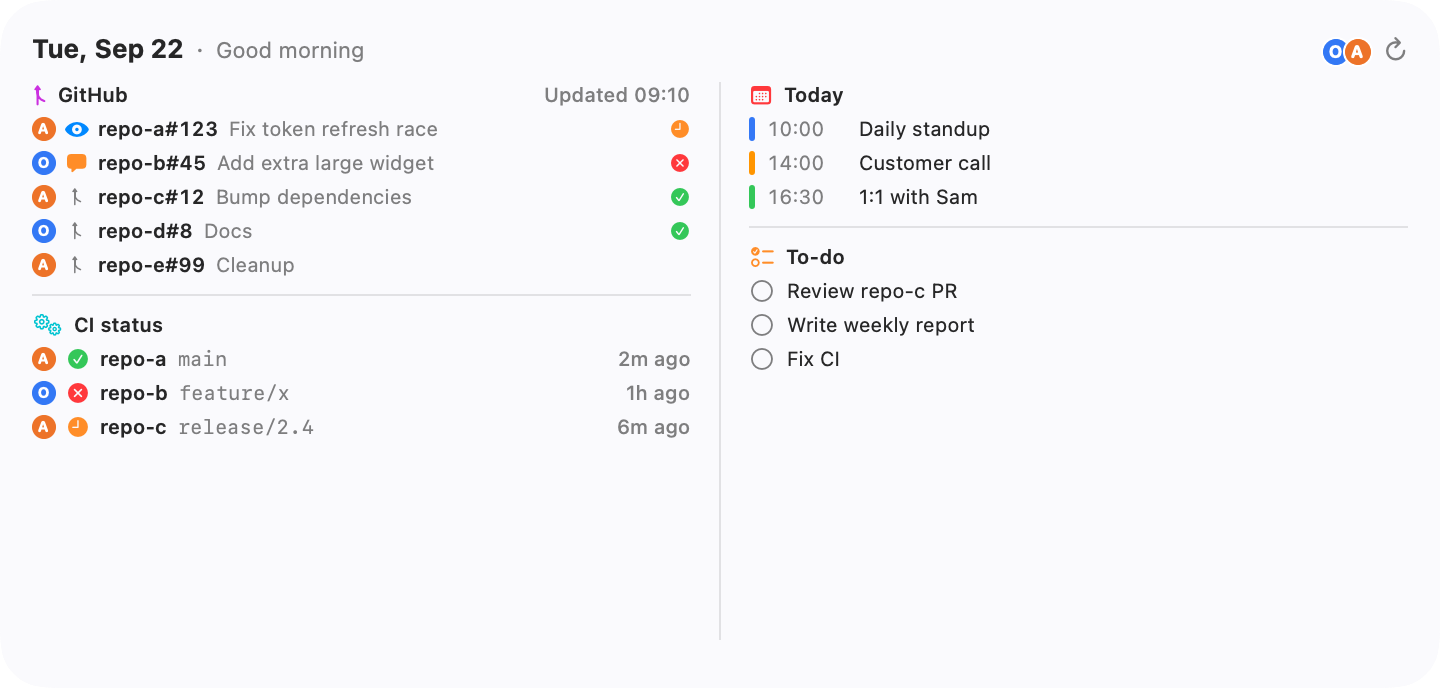 The extra large Morning Board widget: pull requests and CI on the left, today's calendar and reminders on the right.